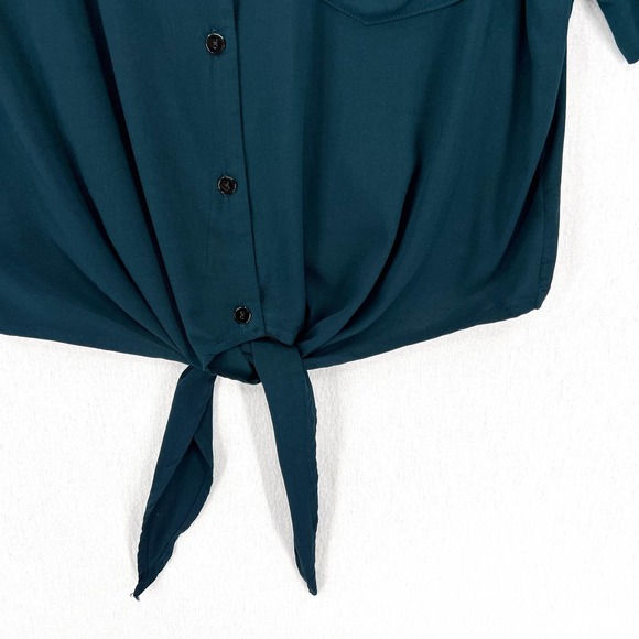 ENZA COSTA Shirt Womens Medium Teal Short Sleeve Tie Front Button Up Cropped NEW - Picture 6 of 15